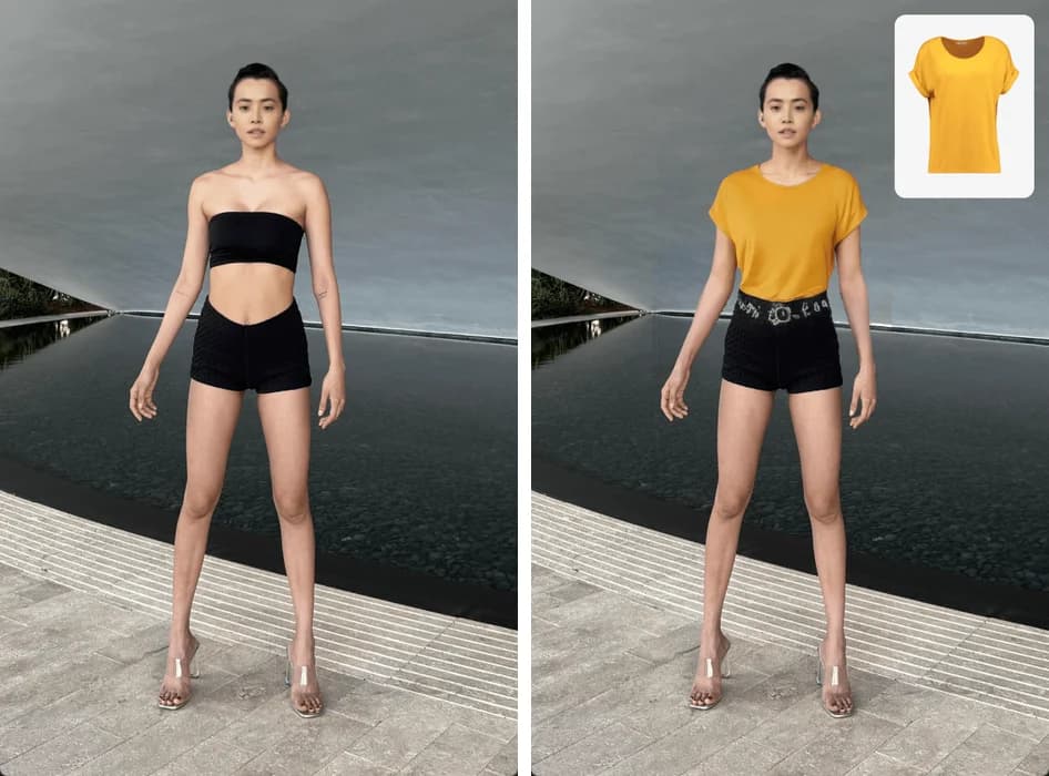 FitMe2D 試穿前後對照：上傳照片後換上黃色上衣